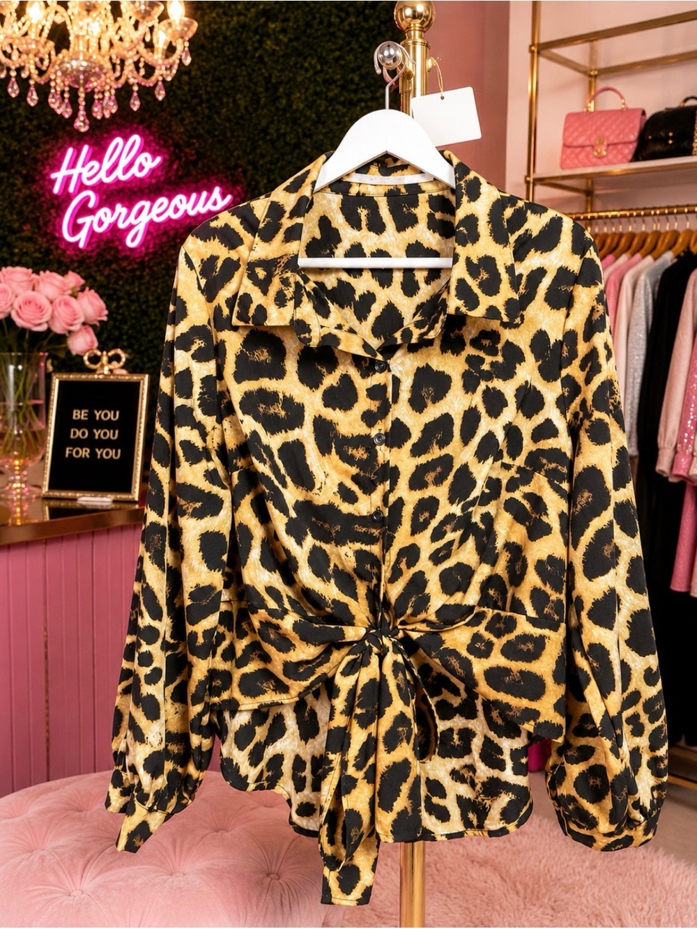 SHEIN Curve Leopard Print Tie Front Blouse | 1XL | Long Sleeve